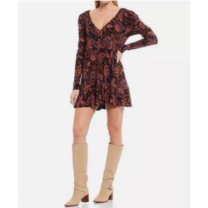 Free People Hello Lover Ruched Mini Dress Large Stretch Boho Festival Feminine